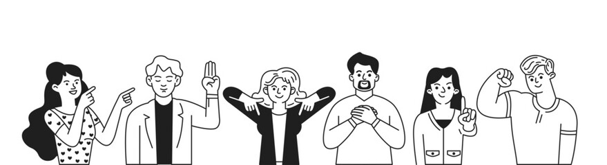 Personages communicating with gestures doodle line cartoon illustration set. Various hand signals demonstrating linear vector people collection