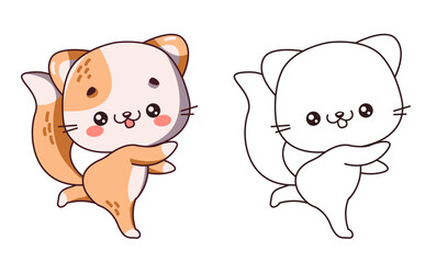 Dancing fluffy kitten cartoon character of coloring page. Childish cat standing on one paw color and outline illustration. Kids creativity