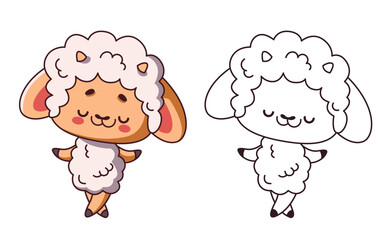 Kawaii baby sheep dancing cartoon character of coloring page. Cute lamb performing dance moves color and linear illustration. Children book