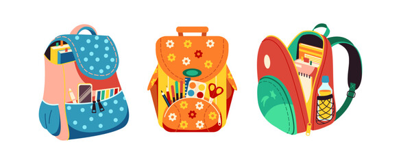 Flat design student backpacks set on white background. Line vector elements depicting young student backpacks equipped with various stationery supplies