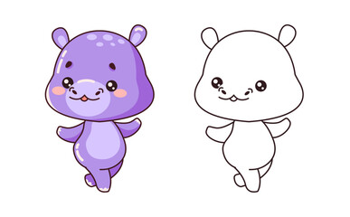 Dancing baby hippo cartoon character of coloring page. Gracefully moving animal color and linear illustration for kids art lessons