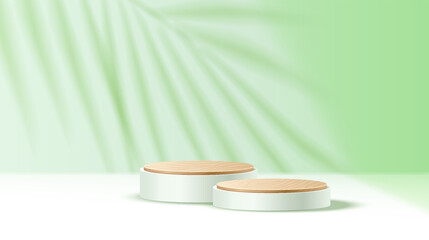 Vacant round podium against palm leaf shadow realistic vector illustration. Products presentation stand 3d object on green background