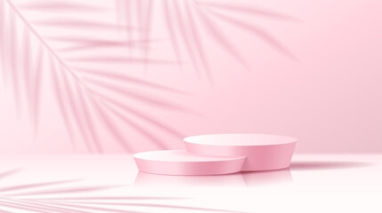 Advertising podium and palm shadow realistic vector illustration. Empty products demonstration stand 3d object on pink background