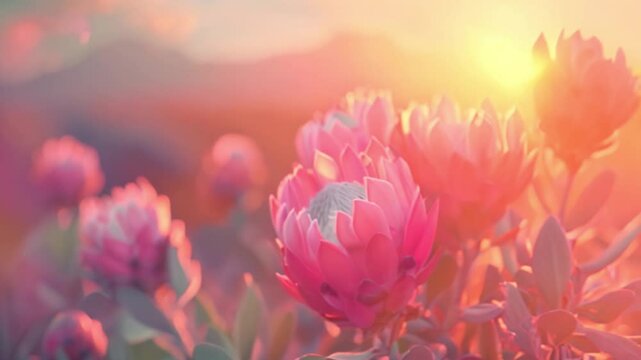 A close-up of pink protea flowers in full bloom, bathed in the warm light of the setting sun.