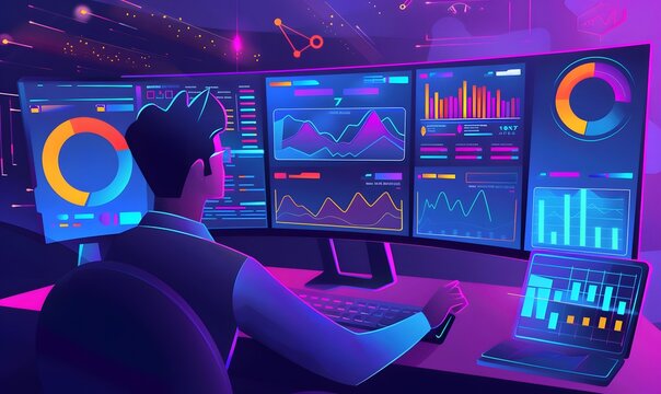 Man Analyzing Data on Multiple Monitors
