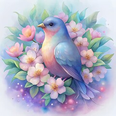 Fototapeta premium Beautiful bird surrounded by flowers watercolor paint