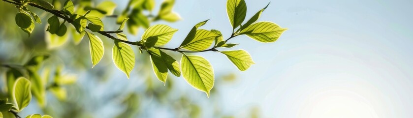 Close-up of fresh green leaves on a branch against a clear blue sky, highlighting the beauty of nature in springtime with a serene ambiance.