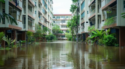 Obraz premium Crisis in Apartment Complex - Waterlogged Corridors and Building Damage Due to Water Catastrophe