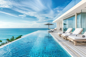 Sea view. Luxury modern white beach hotel