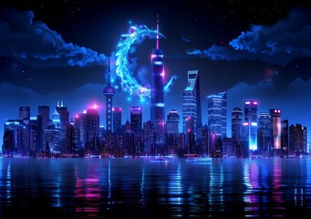 Neon cityscape under a full moon with reflections on water