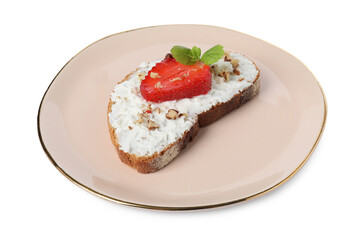 Delicious bruschetta with fresh ricotta (cream cheese), walnuts, strawberry and mint isolated on white