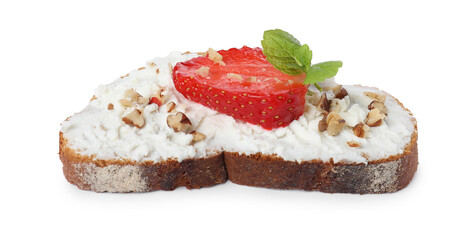 Delicious bruschetta with fresh ricotta (cream cheese), walnuts, strawberry and mint isolated on white