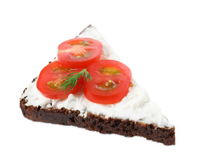 Delicious bruschetta with fresh ricotta (cream cheese), tomato and dill isolated on white