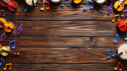 Colorful Musical Instruments and Notes on Wooden Background: Violin, Guitar, Banjo, Trumpet Creating Harmonious Musical Composition