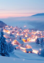 Charming Snow-Covered Village with Glowing Lights at Twilight During Winter