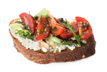 Delicious bruschetta with ricotta cheese, tomatoes and arugula isolated on white