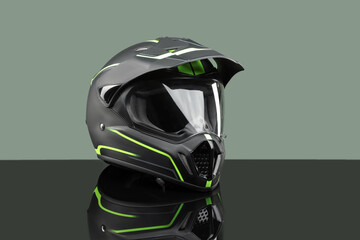 Modern motorcycle helmet with visor on mirror surface against light grey background