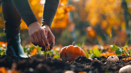 pumpkin seeds in a garden surrounded by trees with autumn colored leaves generative ai