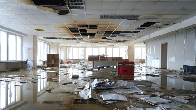 Office Disaster Scene with Soaked Documents and Dripping Ceiling Due to Water Damage