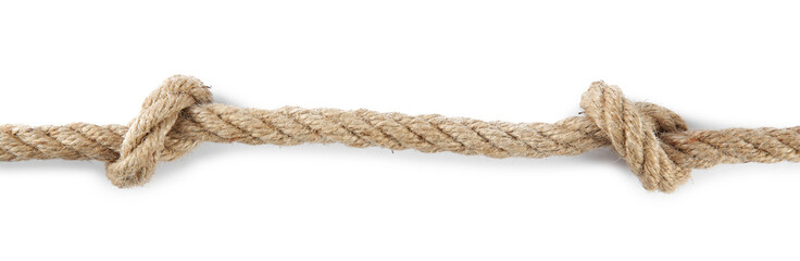 Hemp rope with knots isolated on white, top view