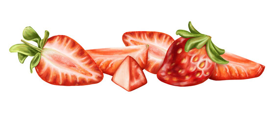 A composition of ripe strawberry slices. Juicy red berry for desserts, decorations and snacks. Garden organic harvest. Topping for cakes, ice cream, pies, cocktails. Digital isolated illustration