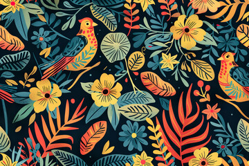 Fototapeta premium A colorful painting of two birds with flowers and leaves in the background, generative ai image.