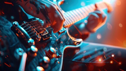 Electric guitar closeup, fingers sliding over frets, vibrant stage lights reflecting, essence of rock