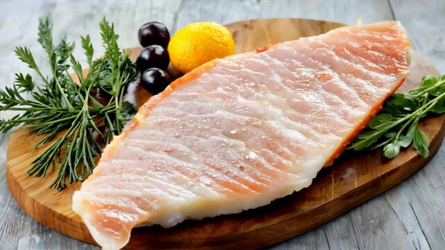 fish fillet on wooden board with ingredients for cooking, fresh raw pangasius fish fillet with herb and spices black pepper lemon lime and rosemary, meat dolly fish tilapia striped catfish - top view