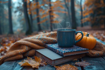 Open book and hot tea on cozy autumn evening