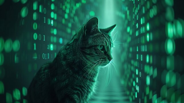 Curious Tabby Cat Surrounded by Futuristic Green Digital Matrix Background