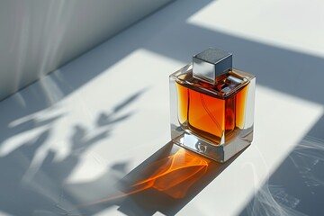 Elegant glass perfume bottle casting shadow, fragrance, scent, cosmetics concept