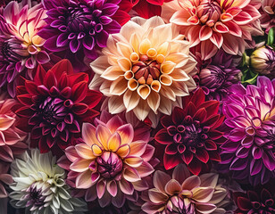 A vibrant array of colorful dahlia flowers in full bloom