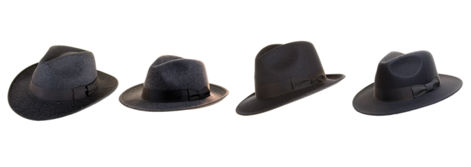Four Grey Fedora Hats with Black Bands Isolated a White or Transparent Background