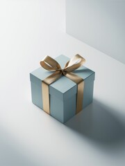 Obraz premium Elegant Light Blue Gift Box with Golden Satin Ribbon in Minimalist Setting.