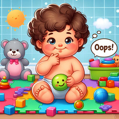 Obraz premium Nervous Little Chubby Baby Boy or Girl with a Face Smirk on its Face While Playing Saying Oops Poop We did it Again, What an Accident, Bad Luck. Disappointment Bitterness Despair Sadness Guilt Remorse