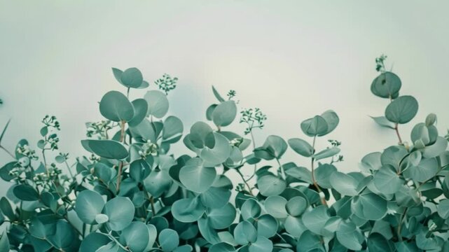 Close-up shot of a cluster of eucalyptus leaves against a light blue wall. The leaves are a soft, muted green, and the image is captured in a natural light.