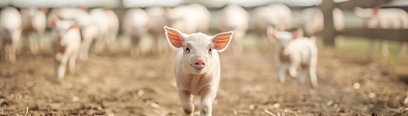 Fototapeta premium Adorable piglet standing on a farm with other piglets in the background, capturing a sunny day in the countryside.
