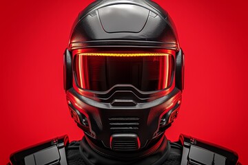 Fototapeta premium Stylish woman in futuristic black helmet with red visor creating a bold and hightech visual