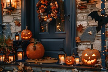 Obraz premium Halloween decoration on porch with pumpkins, candles, and lanterns in autumn evening, festive house decor and spooky ambiance concept