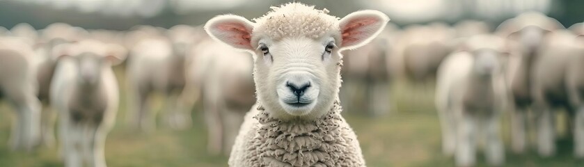 Obraz premium Close-up of a single sheep standing in focus with a blurred background of a flock of sheep in a green pasture.
