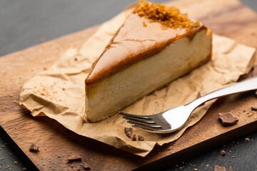 Caramel cheesecake with nuts and fork on kitchen desk