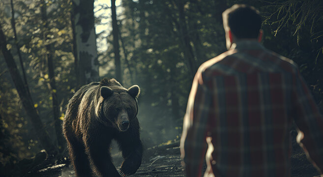A bear attacks a man, in the woods.