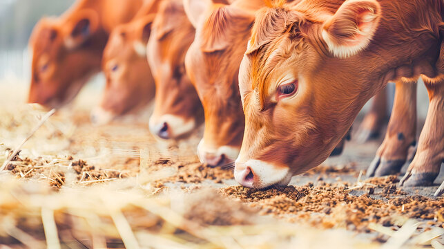 Close up view of a herd of young calves grazing on an animal farm feeding on the ground and eating nutritious food  The image captures the texture details