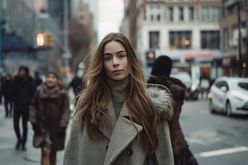 Obraz premium Young woman with long hair in urban street wearing a coat winter fashion concept