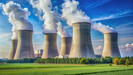 A detailed photo of a nuclear power plant with cooling towers and reactors, nuclear, power plant, energy
