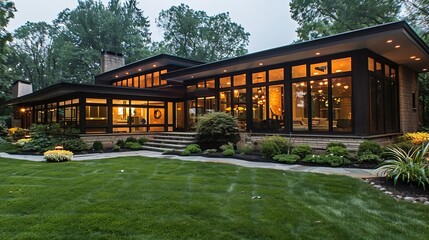Modern luxury home with large windows and green lawn, surrounded by trees, creating a cozy and inviting atmosphere.