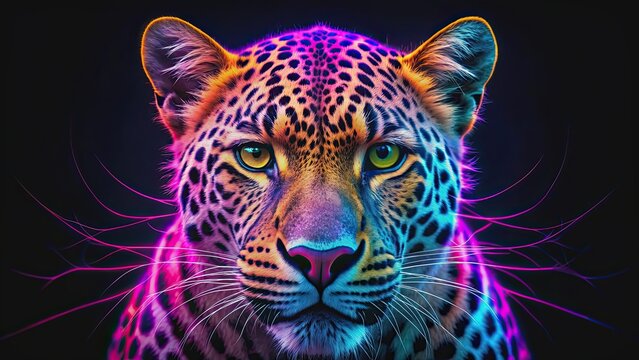 Vibrant neon purple leopard face with colorful spots and intense gaze, Wildlife, leopard, animal, predator, feline, neon, purple
