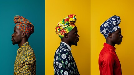 Profile view of three men in colorful traditional attire and headwraps on vibrant backgrounds.