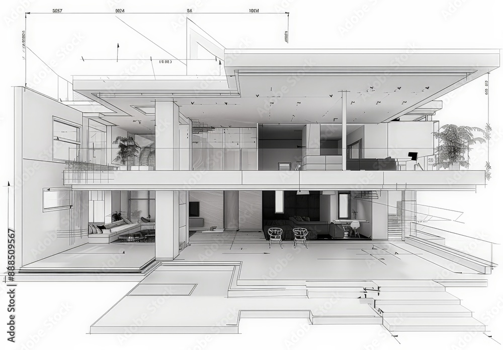 Poster Wireframe rendering of a contemporary house with technical details