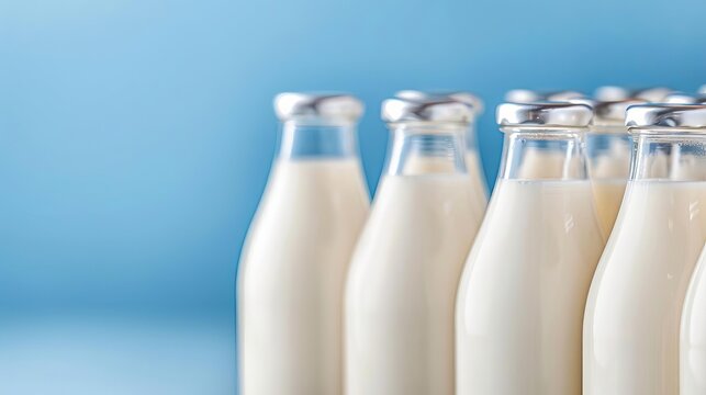 Row of glass milk bottles with metal caps on blue background. Fresh dairy product, minimalistic composition. Healthy organic drink concept.